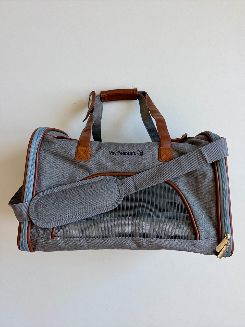 Mr. Peanut’s Expandable Gray and Brown Pet Travel Carrier with Shoulder Strap